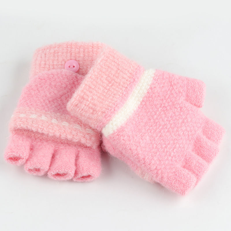 巴布豆女童手套冬季针织保暖宝宝可爱学生毛线翻盖五指儿童半指套