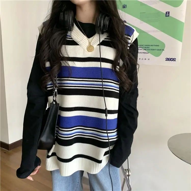 【两件套装】春秋日系条纹针织马甲女外穿韩版宽松学生背心+T恤潮