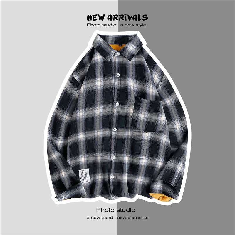 Autumn and winter new velvet plaid shirt men's loose Hong Kong style students warm thickened all-match shirt jacket men
