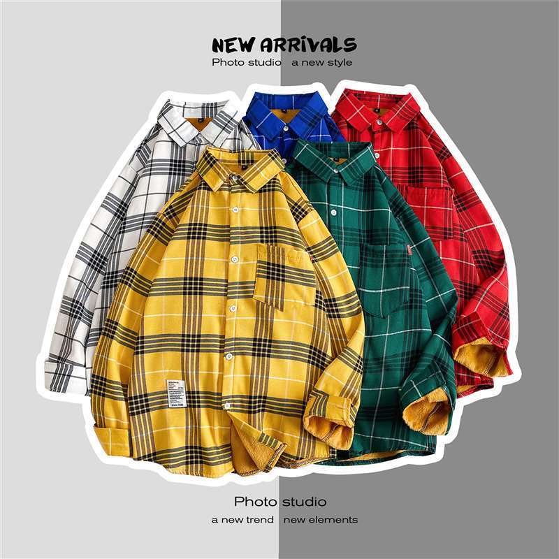 Autumn and winter new velvet plaid shirt men's loose Hong Kong style students warm thickened all-match shirt jacket men