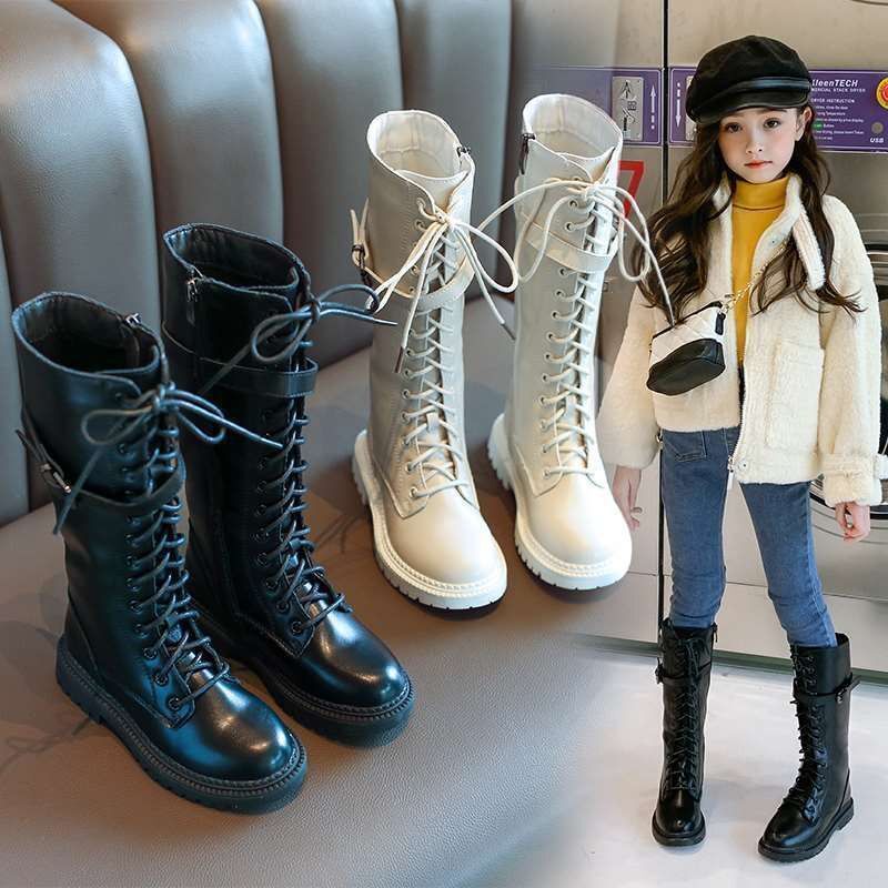 Children's boots autumn winter Korean women's middle school children's single Boots Black Knee princess high leather boots boots