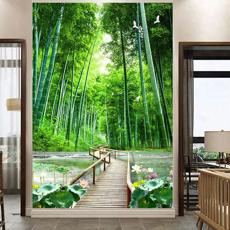 竹林山水画荷花小桥壁画绿色竹子仙鹤流水小溪招财风水墙贴挂画