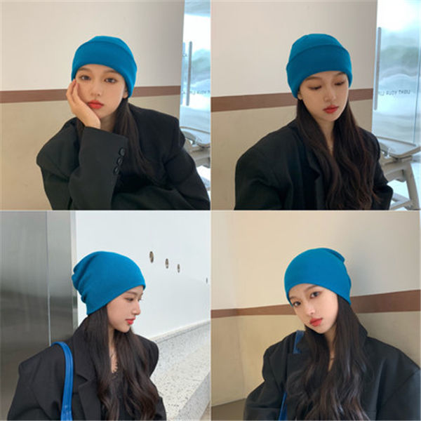 Hat women's autumn and winter lake blue all-match woolen hat trendy men's rolled edge warm knit hat couple Korean style cold hat