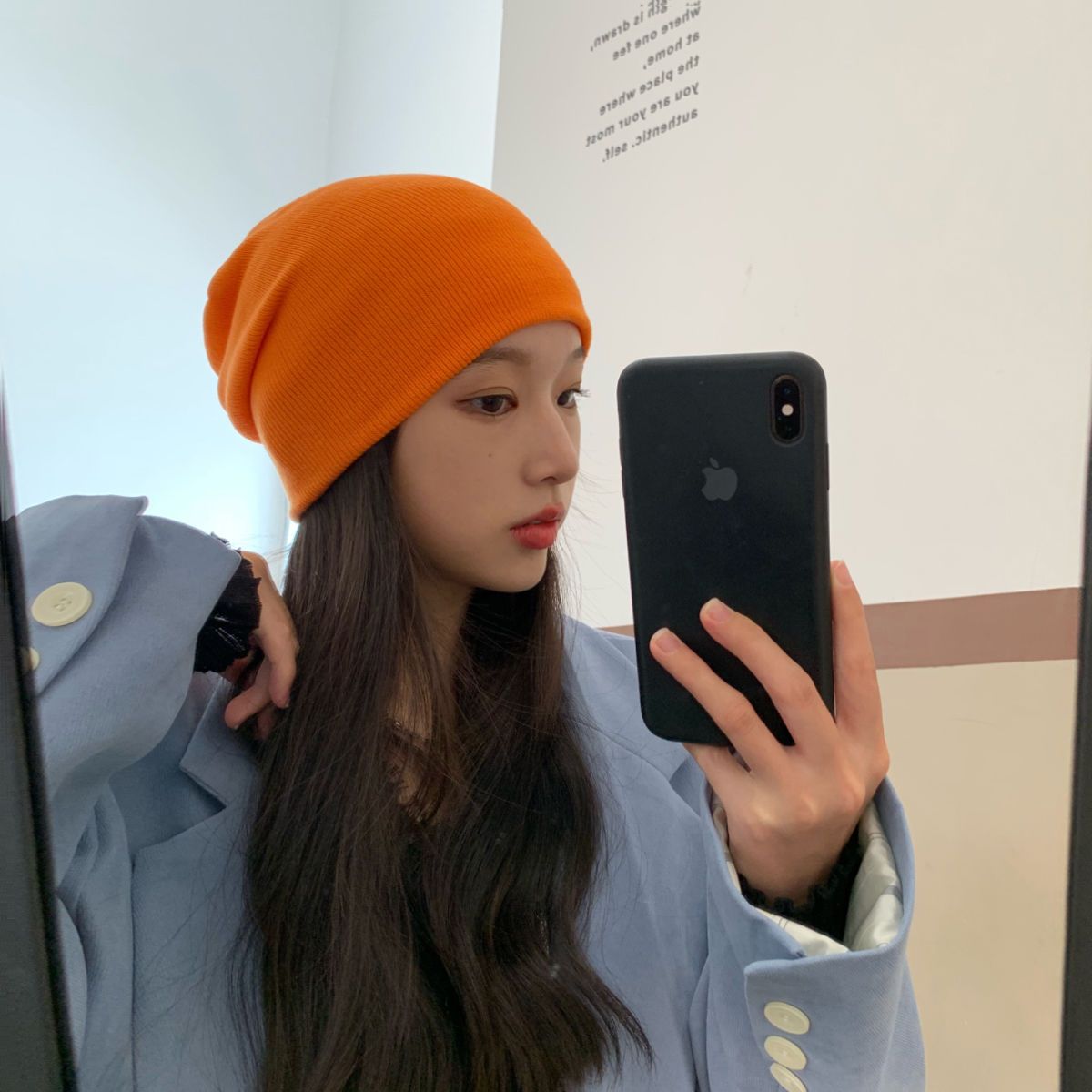 Hat women's autumn and winter lake blue all-match woolen hat trendy men's rolled edge warm knit hat couple Korean style cold hat