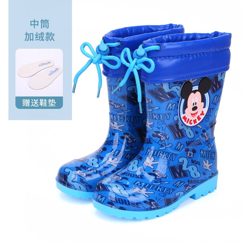 迪士尼保暖雨鞋儿童水靴男童女童雨靴水鞋卡通小童中童胶鞋冬加绒