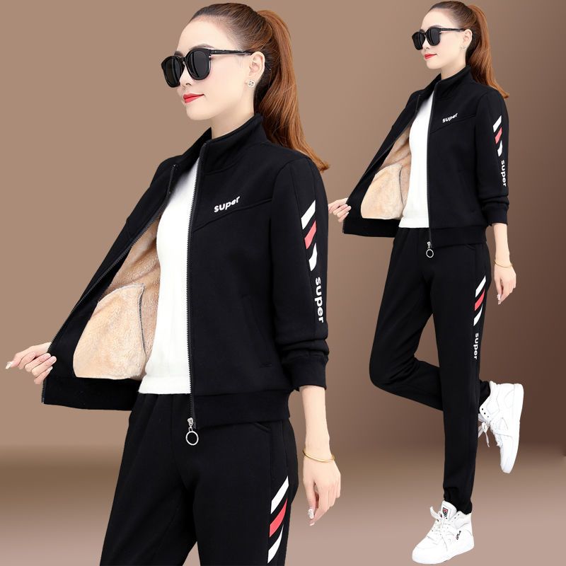 运动套装女秋冬2020新款加绒加厚修身显瘦休闲立领跑步服两件套潮