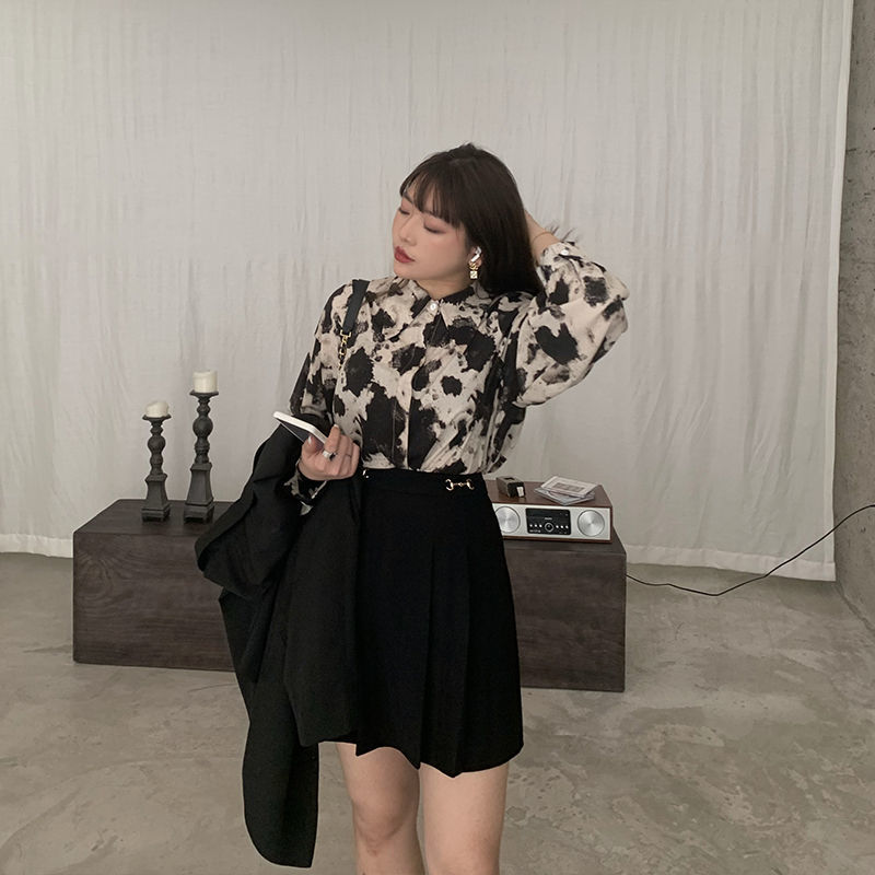 大碼女裝2022春季襯衫外套女a字半身裙套裝上衣胖mm顯瘦百褶短裙