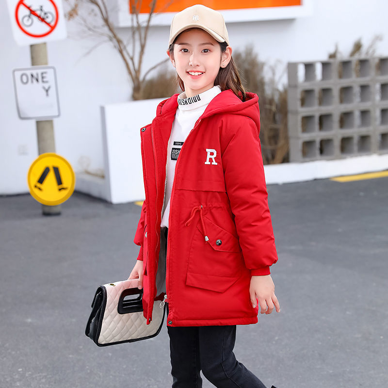 Girls' Plush windbreaker 2020 new middle and large children's cotton padded mid long fashion Korean winter cotton padded jacket