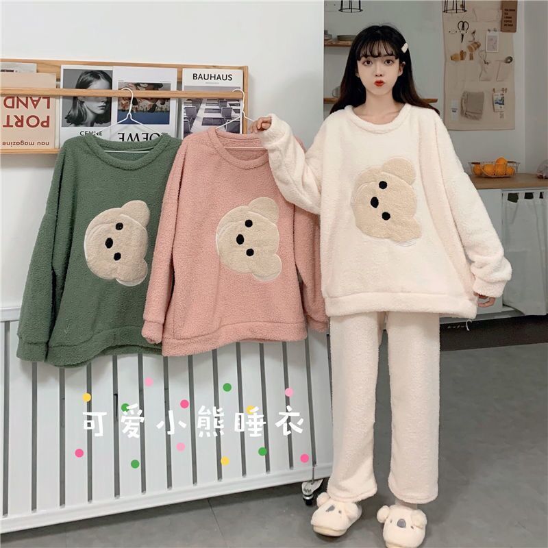 Pajamas women ins autumn and winter suit Plush thickening student cute cartoon wear long sleeve home clothes two piece set