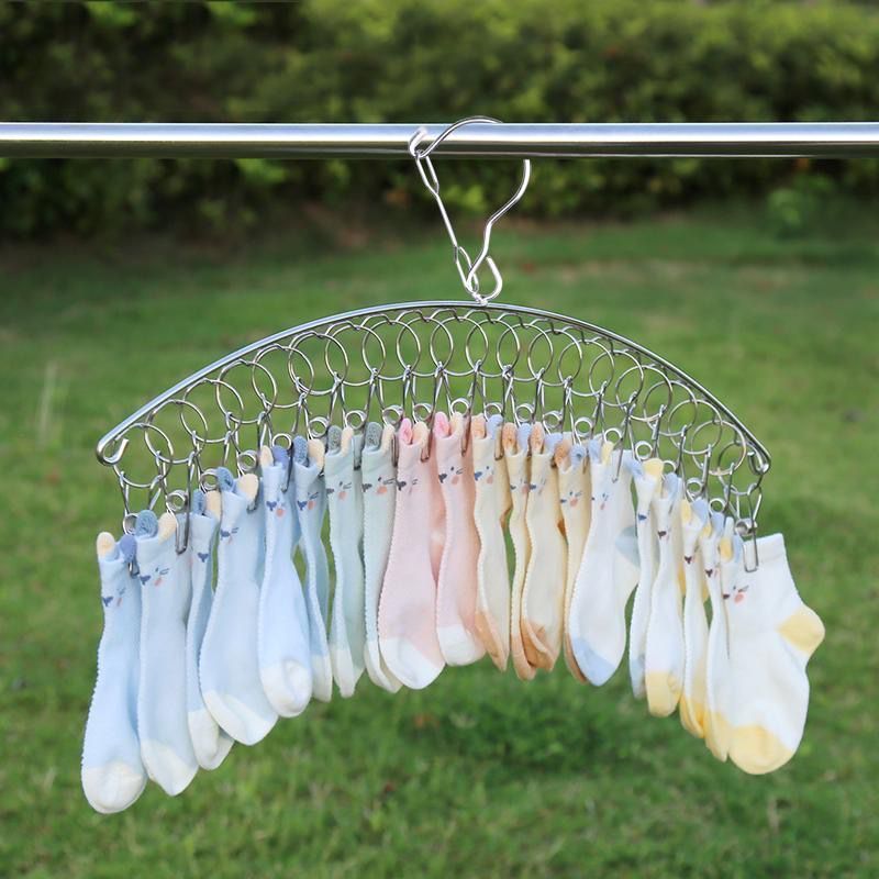 Thickened stainless steel clothes rack multi-function hosiery rack windproof clothes hanger multi clip children's clothes socks rack anti slip hook
