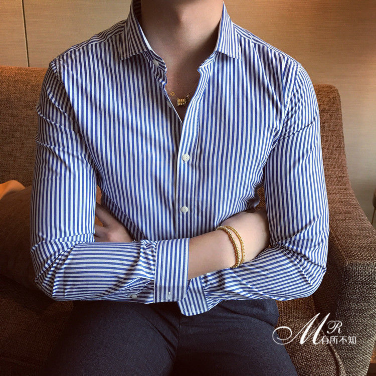韩版修身春季潮流寸衫方领男士商务条纹衬衫打底休闲长袖衬衣男