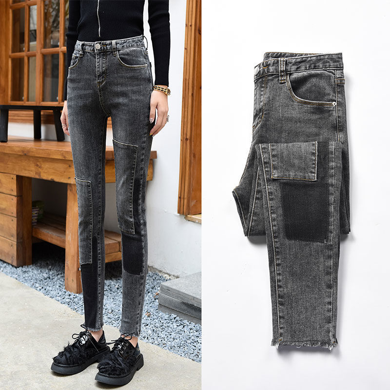 Autumn and winter new smoky grey jeans women's Plush patch with holes tight and thin elastic nine point pencil Leggings