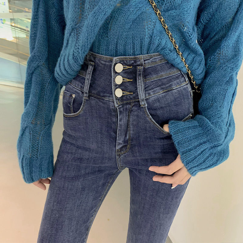 Plus velvet high-waisted jeans women's 2022 autumn and winter new Korean version of the slim three-button elastic tide raw edge pencil pants