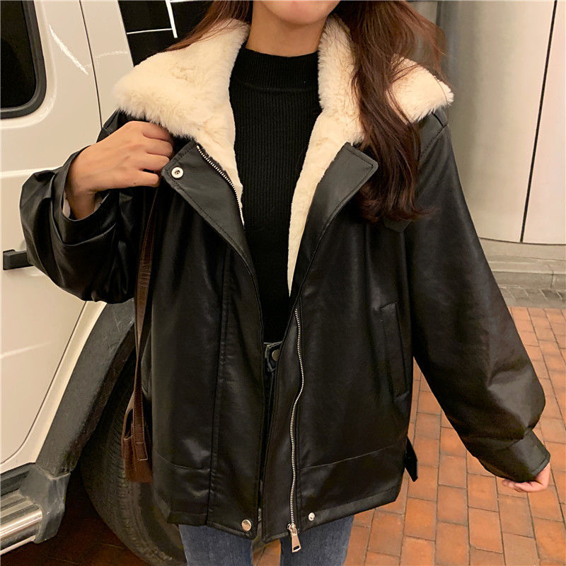 Thick winter warm plush fur coat women's 2020 new fur one loose Korean locomotive leather jacket