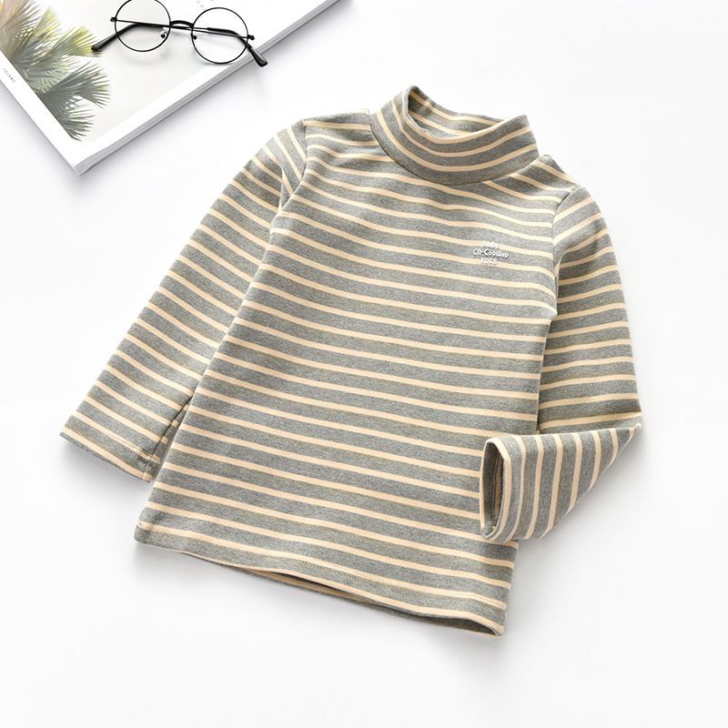 Children's thickened warm bottoming shirt baby brushed striped T-shirt autumn and winter children's all-match long-sleeved top pure cotton
