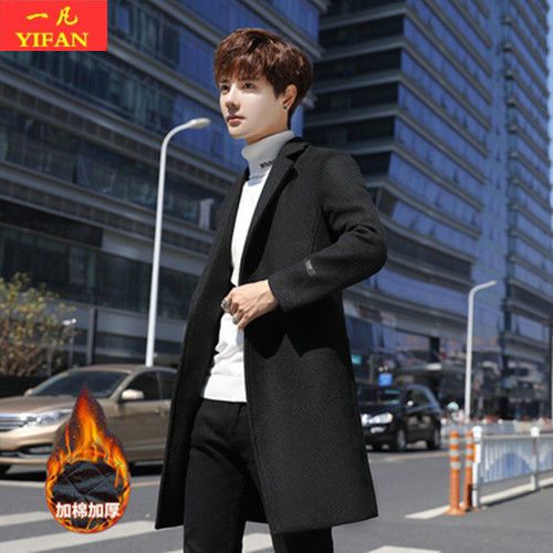 Autumn and winter Korean medium and long windbreaker men's trend large size woolen coat plus cotton thick woolen overcoat for men