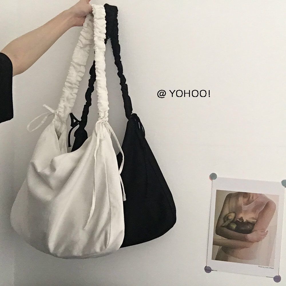 2022韓版新款寬肩帶抽繩帆布包簡約ins純色大容量單肩斜挎包包女