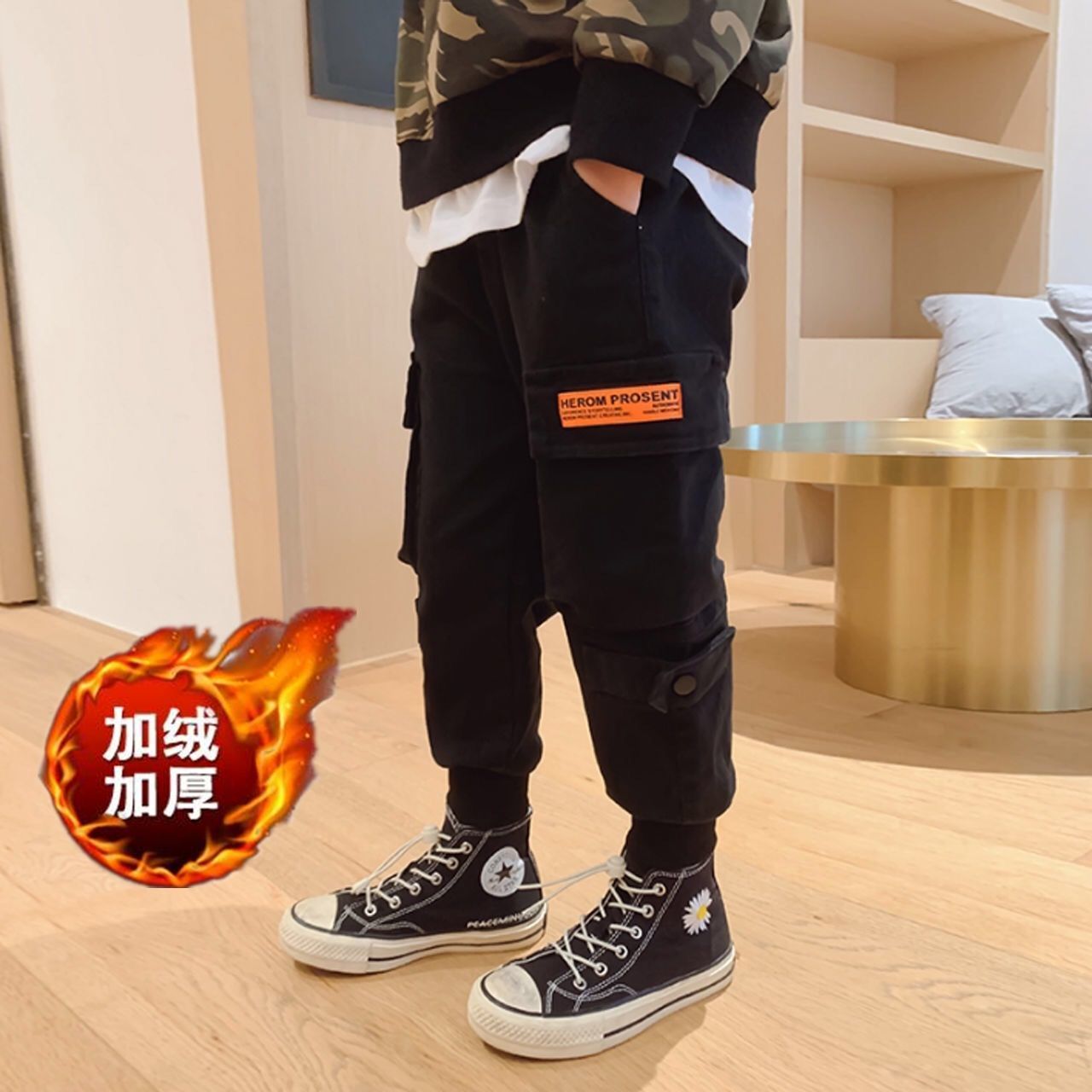 Boys' trousers with plush and thickened medium and large children's casual overalls autumn and winter children's trousers boys' loose Korean version trend