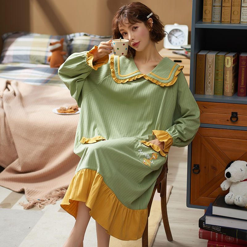 Double sided cotton pajamas women's autumn suit can wear long sleeve home clothes and student's nightdress