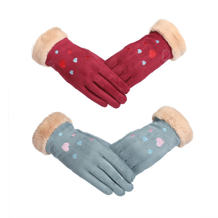 Women's winter warmth Korean plush suede five finger touch screen students' Autumn gloves for driving and cycling