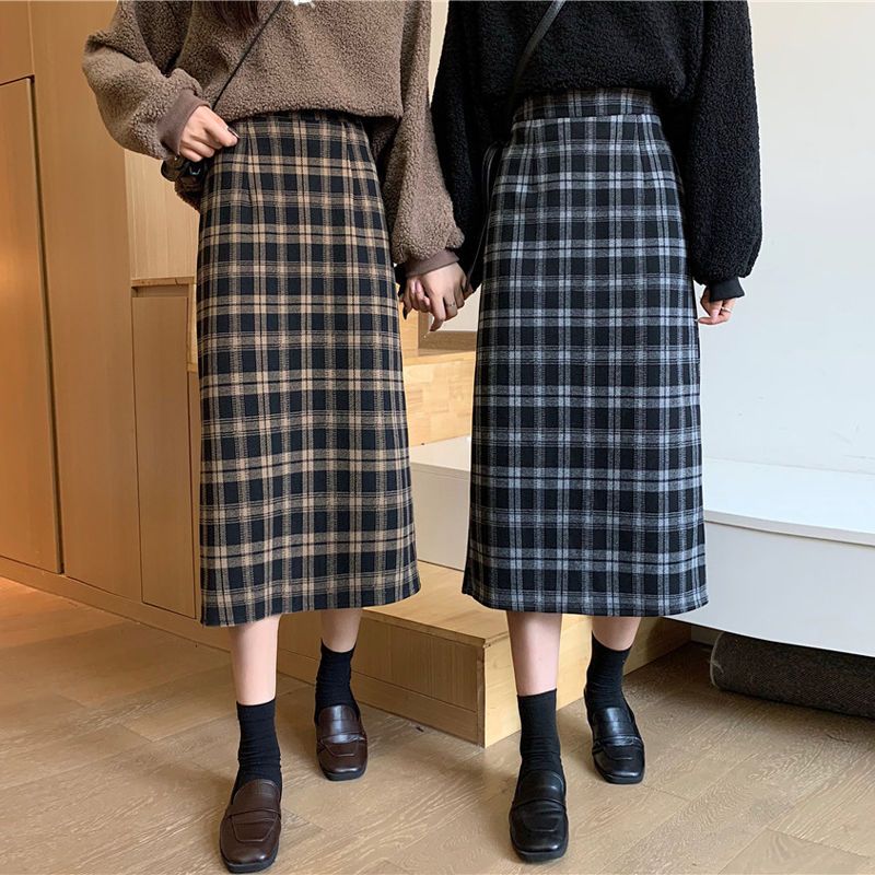 Woolen plaid skirt autumn and winter women's 2020 new mid length Hip Wrap Skirt high waist retro versatile skirt