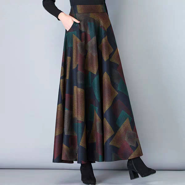 Autumn and winter new half skirt medium length large size middle aged and elderly mother's printed winter skirt