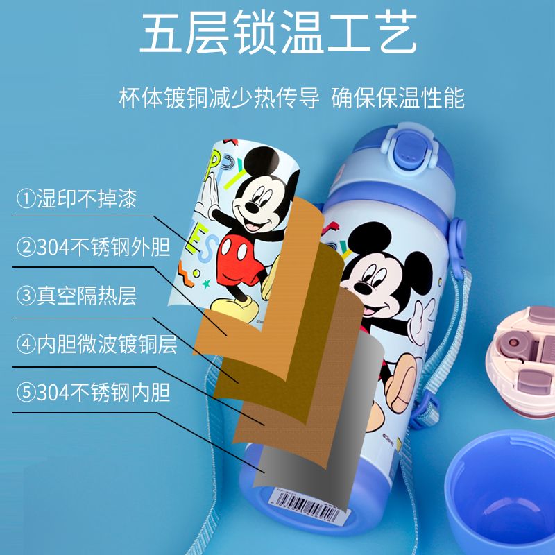 Disney children's thermos cup with straw dual purpose kindergarten baby kettle primary school students stainless steel drinking cup