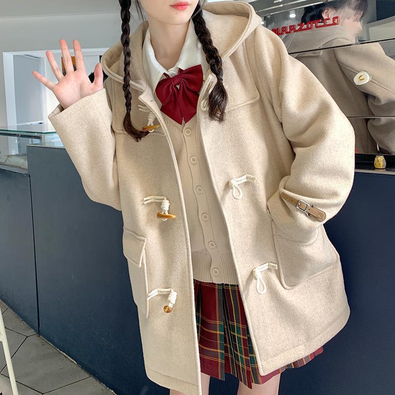 Japanese woolen coat female  spring, autumn and winter new horn buckle small hooded woolen coat student thick