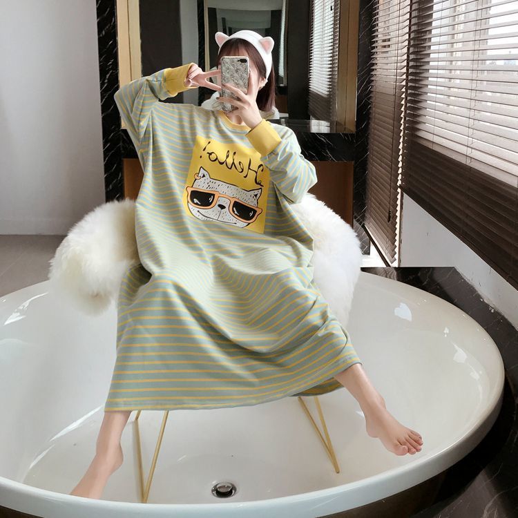 Fat mm200 catties pure cotton pajamas women's autumn and winter long-sleeved plus fat plus loose large size home service ins cartoon nightdress