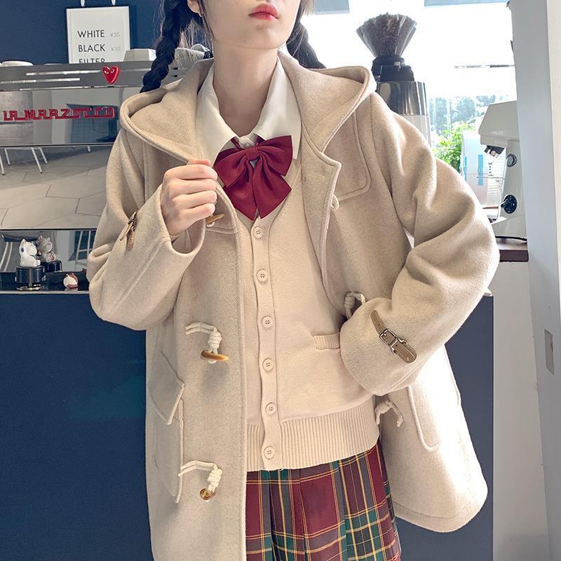 Japanese woolen coat female  spring, autumn and winter new horn buckle small hooded woolen coat student thick