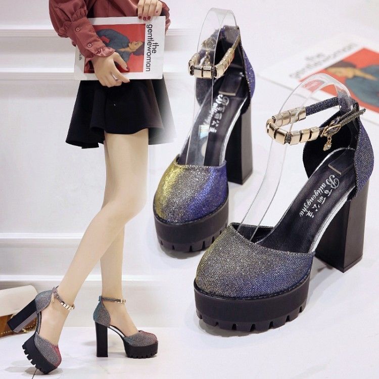 2021夏季新款凉鞋女厚底高跟鞋12cm超高跟粗跟中空单鞋