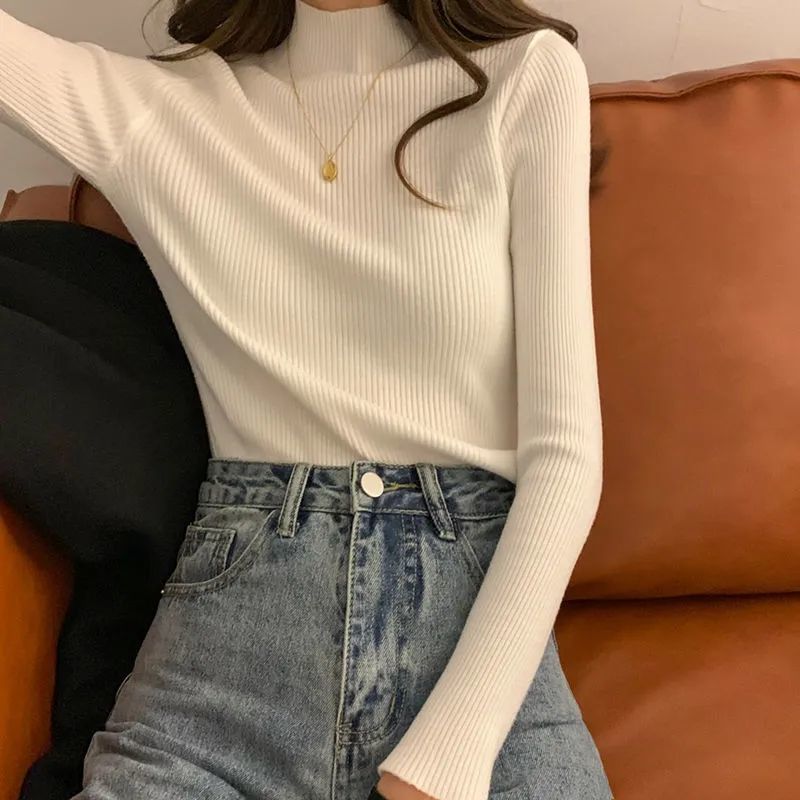 Autumn winter sweater women's 2020 new style half high collar versatile Pullover slim body with bottom Knitted Top