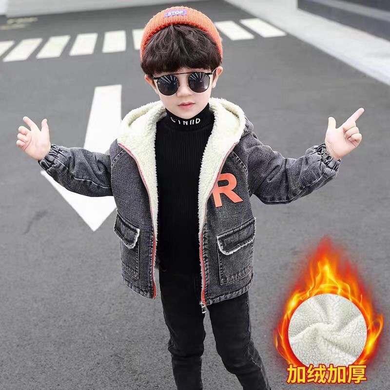 Boys' winter coat autumn winter new Korean Edition children's thickened cotton coat boy's coat Plush denim top winter