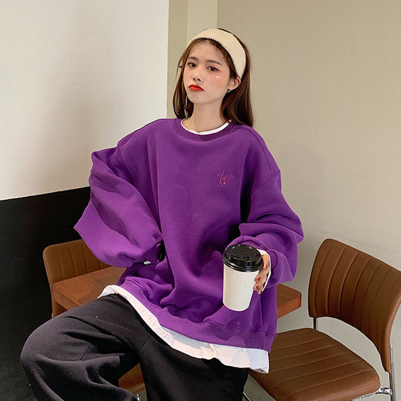 Autumn winter Korean 2020 new plush thickened fake two pieces of original night style loose medium length hoodless long sleeve sweater for women
