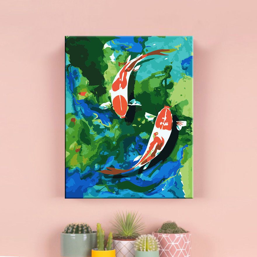 diy数字油彩画动物双锦鲤鱼手绘填色油画客厅卧室书房餐厅装饰画