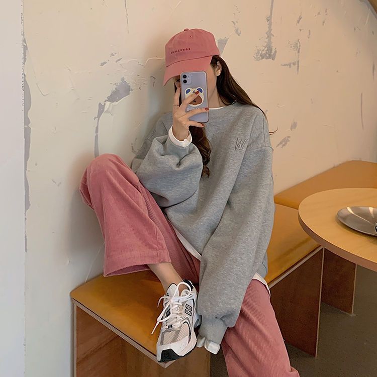 Autumn winter Korean 2020 new plush thickened fake two pieces of original night style loose medium length hoodless long sleeve sweater for women