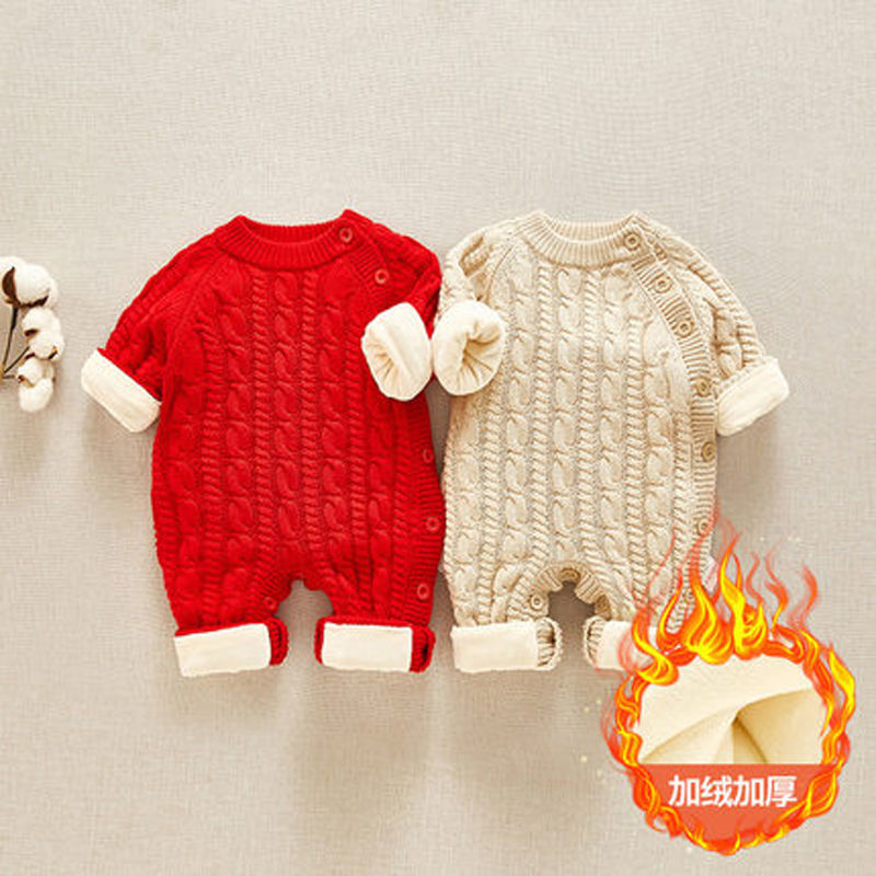 Newborn baby plush one piece sweater autumn and winter sweater one piece infant sweater baby thickened clothes