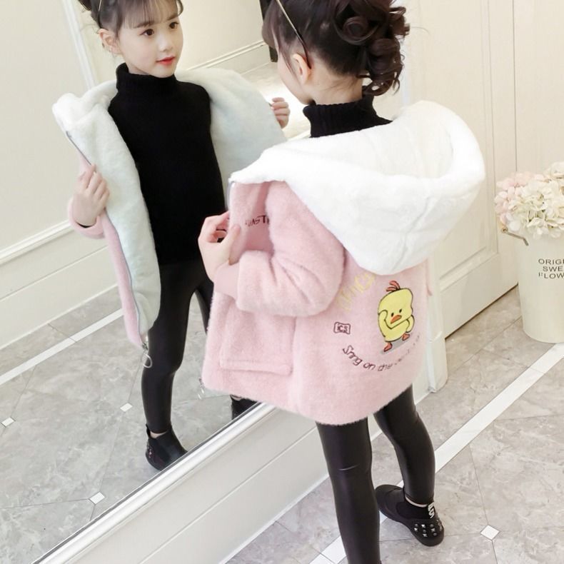 女童水貂绒外套2020新款韩版洋气中长款大衣大童装秋冬装加厚棉衣