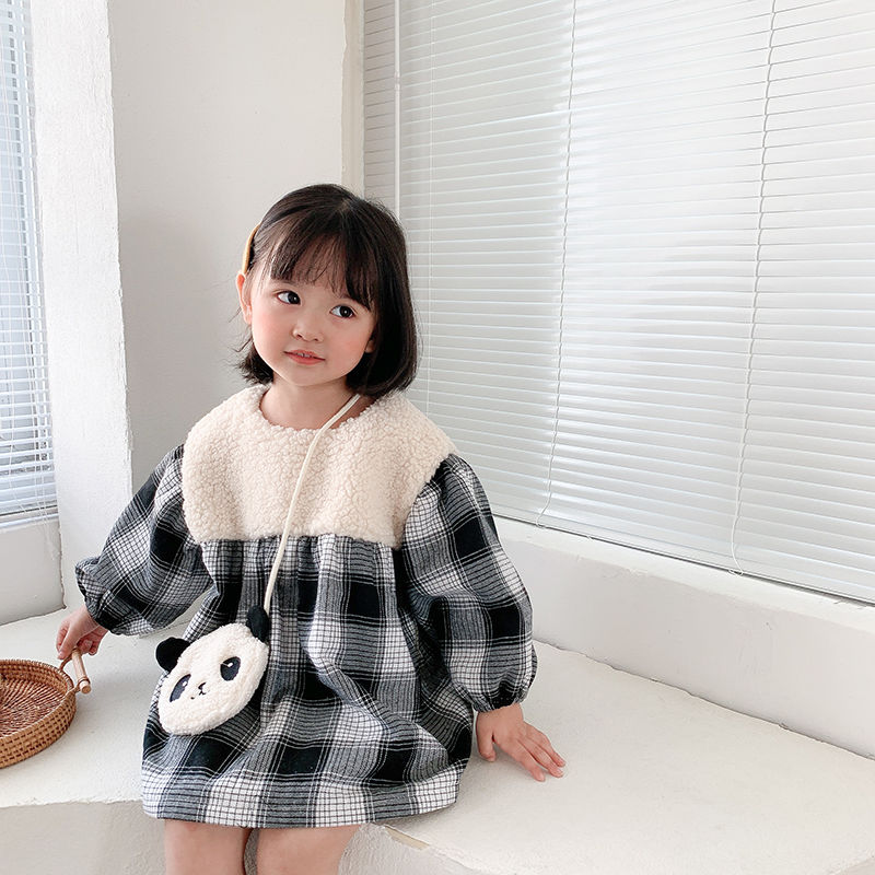 Girl's dress winter Korean version girl baby lovely skirt send panda bag cotton skirt Plush thickened skirt