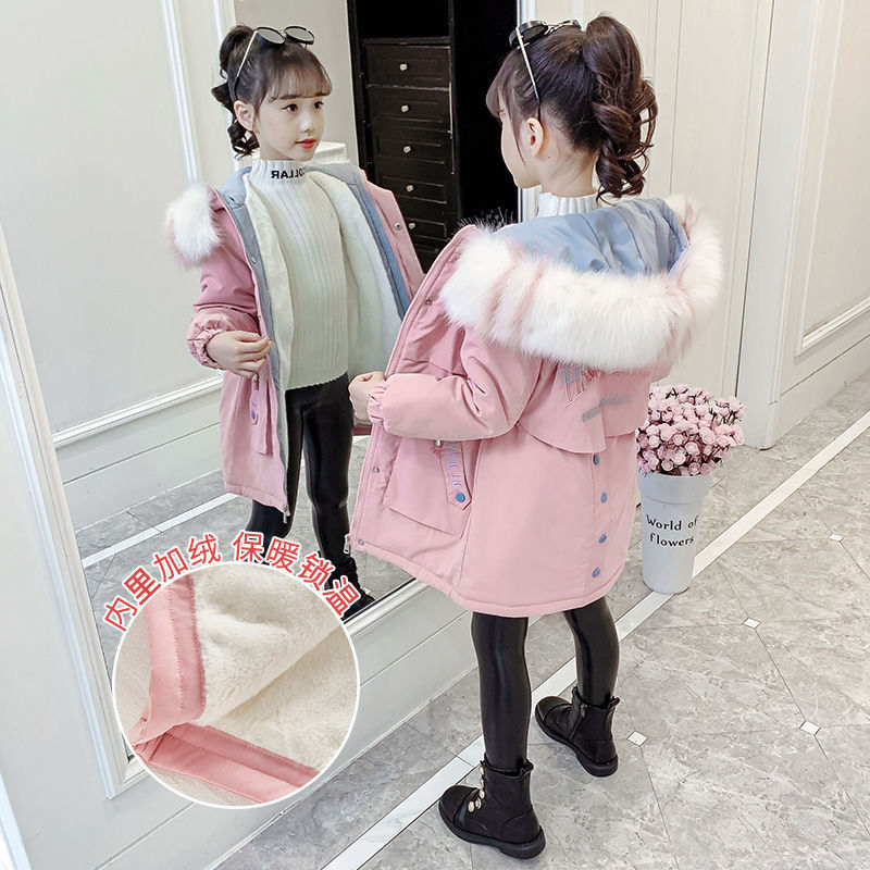 Girl's coat autumn and winter 2020 new foreign style children's medium and long cotton padded clothes with velvet net red
