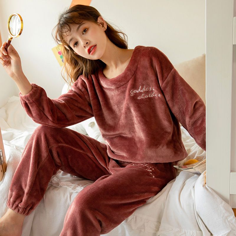 Coral cashmere pajamas women's autumn and winter thickened cashmere flannel net Red Winter Fairy warm pants home suit