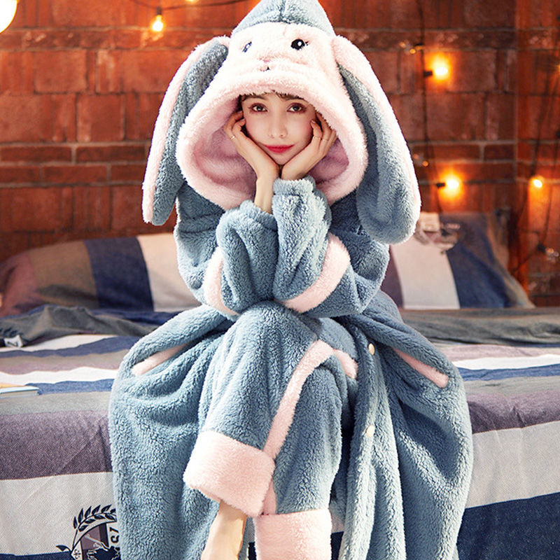 Pajamas women autumn and winter thickening plush coral cashmere lovely warm flannel long nightgown home suit bath