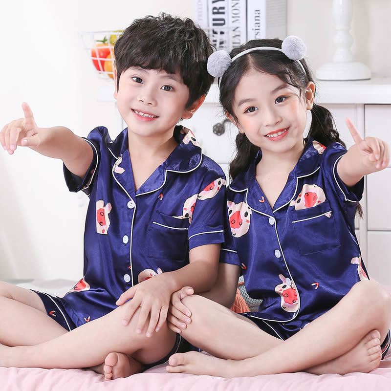 Children's ice silk pajamas summer thin style boys' and girls' home clothes boys' air conditioning clothes spring and summer short sleeved suit
