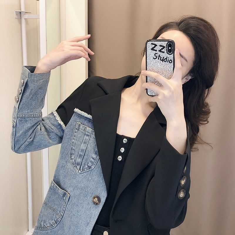 Autumn and winter new women's clothing temperament color contrast denim splicing top Hepburn style foreign style age reducing suit collar coat