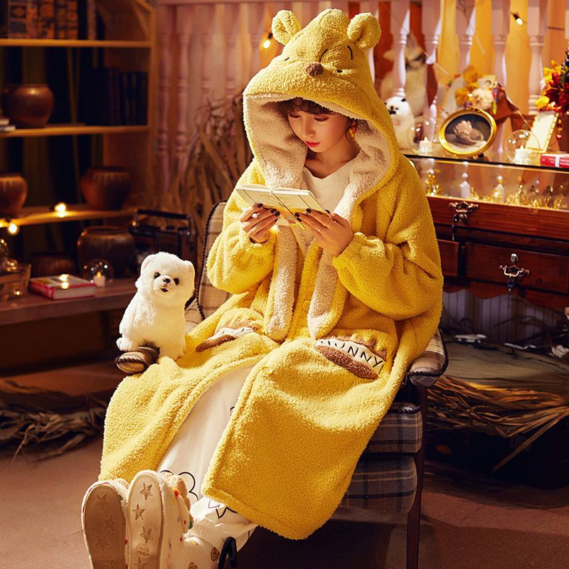 Autumn and winter pajamas female flannel Nightgown women's thickened plush coral velvet long lovely spring and autumn bathrobe household clothes