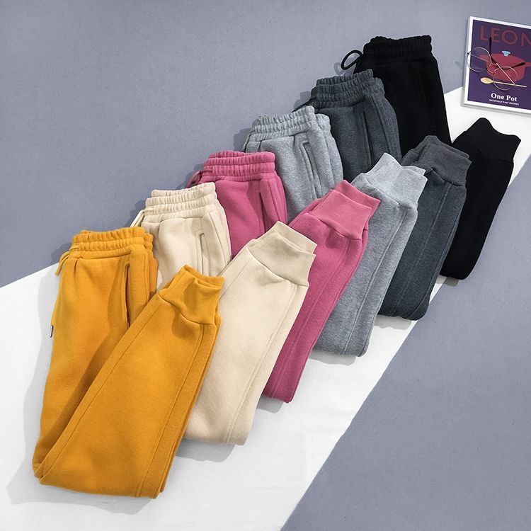 Women's autumn and winter new pure cotton thickened Korean version of loose and thin sweatpants casual harem pants with fleece and feet