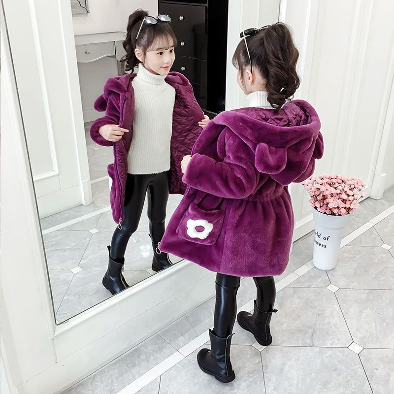 Girls winter jacket 2023 new Korean style trendy thickened medium and large children's imitation fur sweater mid-length cotton coat