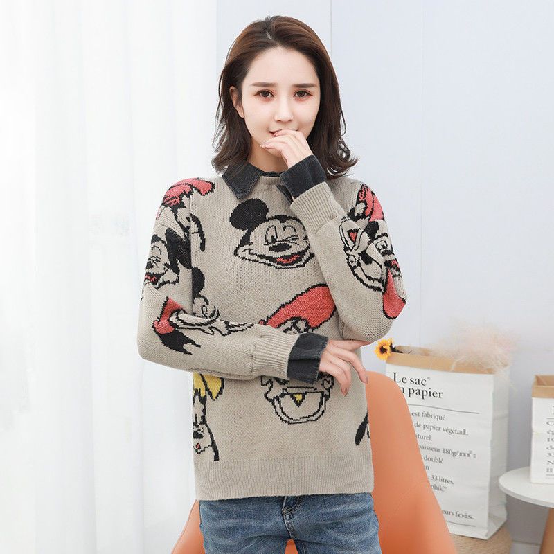 Sweater female denim Korean splicing fake two piece cartoon Mickey knitted jacket new style thickened warm and loose in autumn and winter