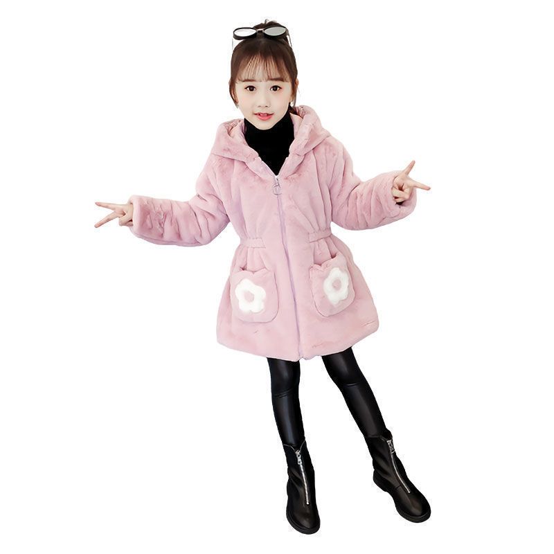 女童冬装外套2023新款韩版潮加厚中大儿童仿皮草毛毛衣中长款棉服