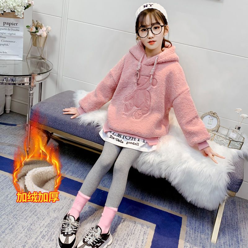 Girls wool sweater 2022 autumn and winter new middle and big children's foreign style thickened lamb wool plus fleece sweater hooded jacket
